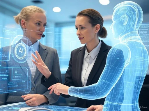 Two women in business attire discuss AI technology with a translucent, holographic human figure and digital interface.