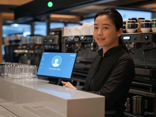 A smiling barista at a modern cafe counter, holding a digital tablet, with coffee machines and cups in the background.