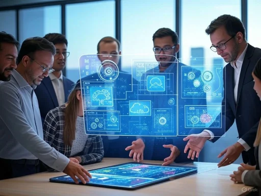 Business team discussing innovative digital hologram interface in a modern office.