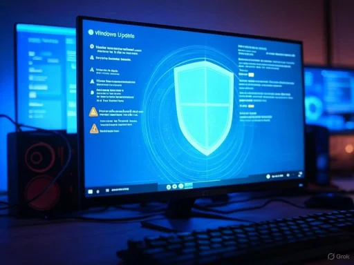 A computer screen displays a cybersecurity shield icon and system update warnings on a blue background. A computer screen displays a cybersecurity shield icon and system update warnings on a blue background.