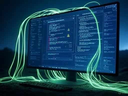 A computer monitor with code, warning symbols, and glowing green lines creating a high-tech, digital hacker aesthetic.