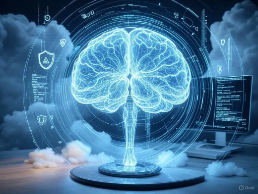 A digital hologram of a brain, surrounded by technological and data interface elements, appears against a cloudy sky background.