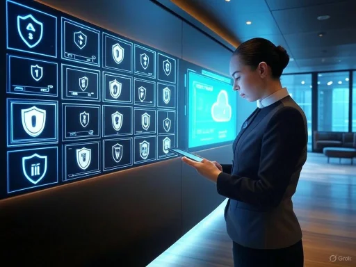 A woman in formal attire checks a tablet in front of a digital security shield display in a modern office.