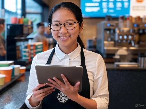 A smiling barista holding a tablet inside a coffee shop.