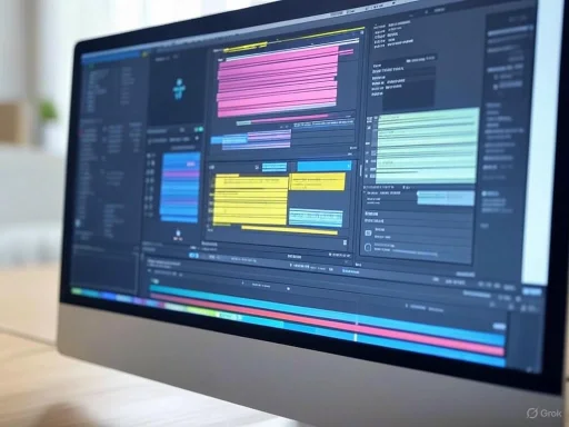 A computer monitor displaying a colorful, complex audio editing or music production software interface.