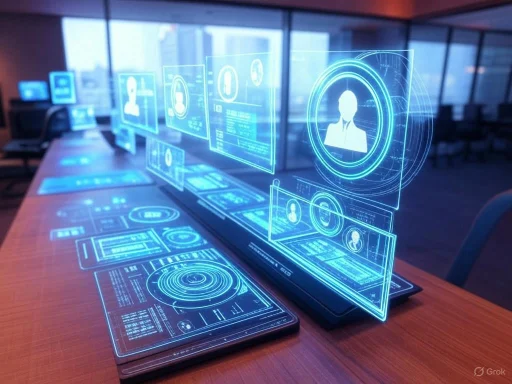Futuristic digital user interface displaying human profile data on transparent screens in a modern office setting.