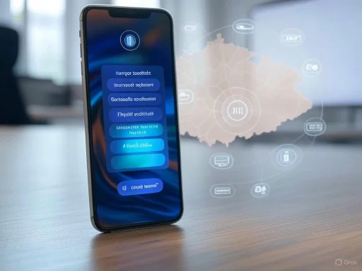 A smartphone displays a tech interface in front of a digital map of Hungary, with icons representing various services. A smartphone displays a tech interface in front of a digital map of Hungary, with icons representing various services.