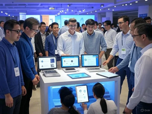 A group of young professionals at a tech expo, engaging with digital displays and prototypes. A group of young professionals at a tech expo, engaging with digital displays and prototypes.