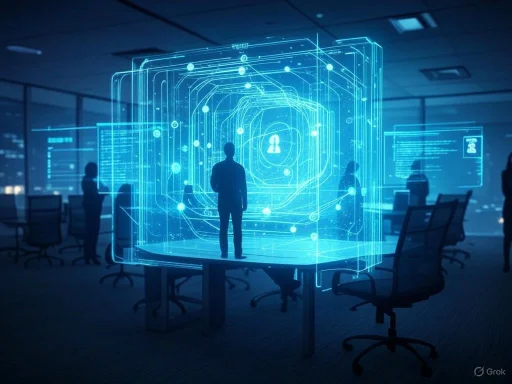 People interact with a holographic digital interface displaying a user icon in a modern office setting.