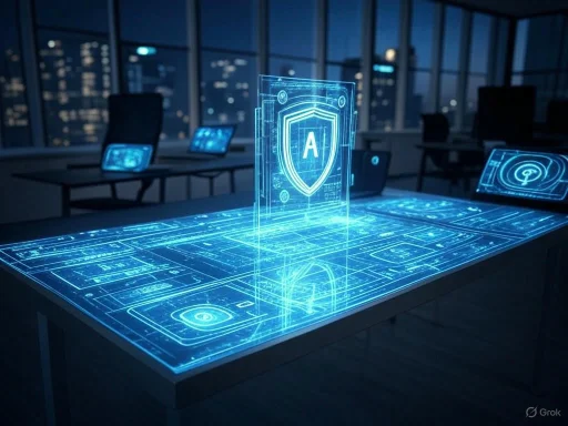 A digital security interface with a shield and the letter 'A' displayed on a futuristic holographic table in an office setting.