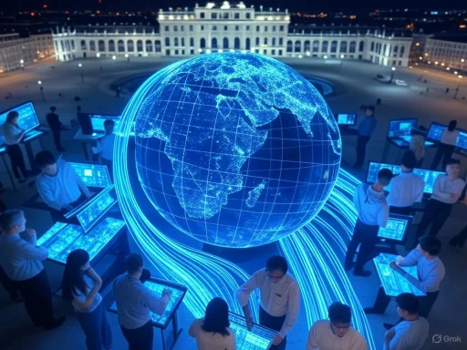 A digital globe surrounded by people working on interconnected screens in a high-tech control room at night.