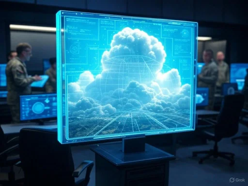 A digital hologram of a cloud is displayed on a transparent screen in a command center with military personnel analyzing data.