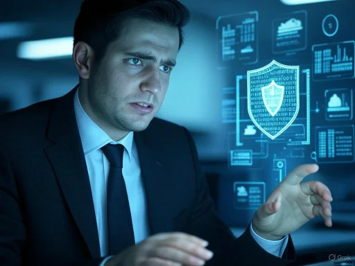 A man in a suit interacts with a digital security shield, symbolizing cybersecurity or data protection.