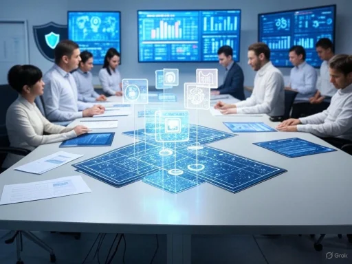 Team of professionals in a high-tech meeting room analyzing digital data on holographic screens and large display monitors.