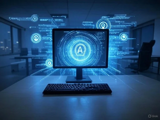 A futuristic computer monitor displays AI-related graphics and digital elements in a modern office setting. A futuristic computer monitor displays AI-related graphics and digital elements in a modern office setting.