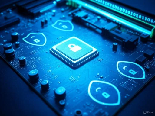 A computer motherboard with illuminated security icons and a central lock symbol, representing digital security. A computer motherboard with illuminated security icons and a central lock symbol, representing digital security.