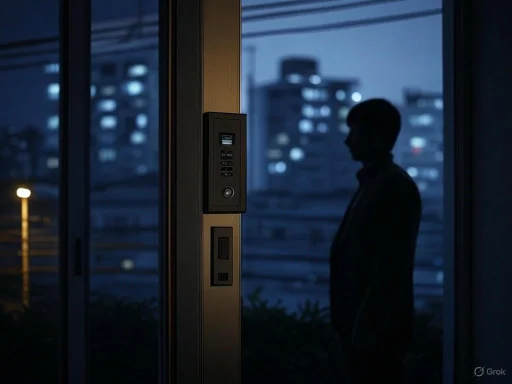 A person stands in silhouette inside a building at night, looking out through glass with city lights and buildings in the background.