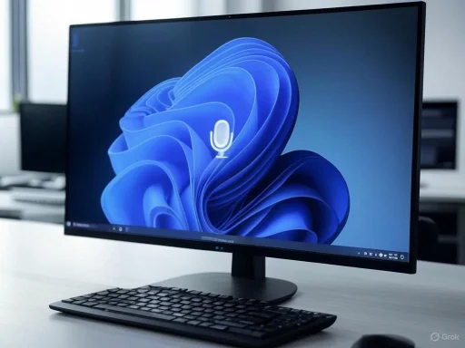 A modern desktop computer setup with a large monitor displaying a Windows wallpaper and a wireless keyboard on a desk.