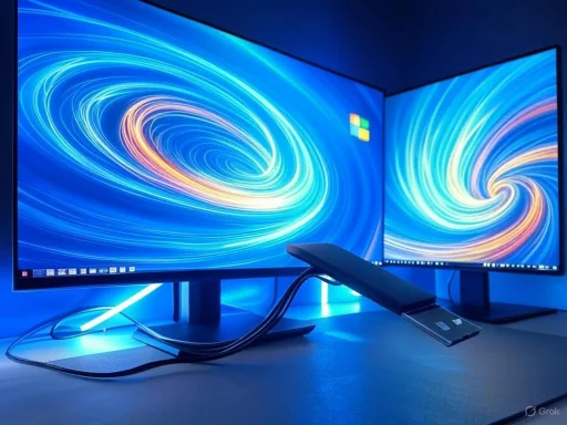 Dual curved monitors displaying swirling blue and yellow digital art, with a sleek device placed on a desk. Dual curved monitors displaying swirling blue and yellow digital art, with a sleek device placed on a desk.
