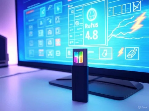 A flash drive with a Windows logo stands in front of a digital screen displaying tech data and charts.