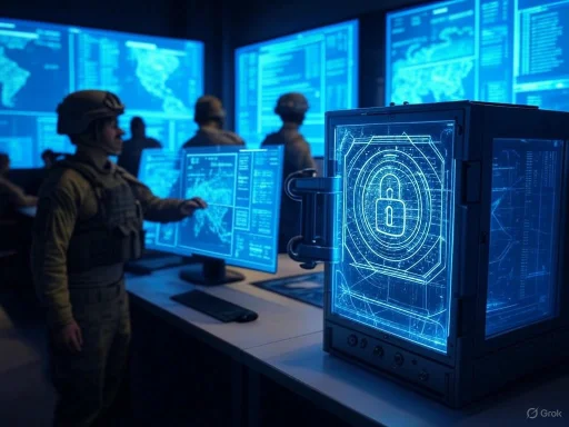 Military personnel monitor multiple digital security screens in a high-tech cybersecurity operations center. Military personnel monitor multiple digital security screens in a high-tech cybersecurity operations center.