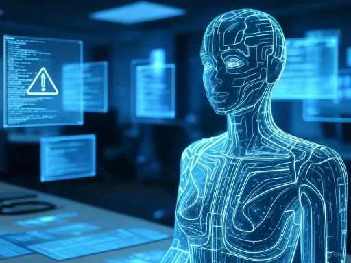 A digital humanoid figure with circuit-like patterns, surrounded by floating data screens in a high-tech environment.