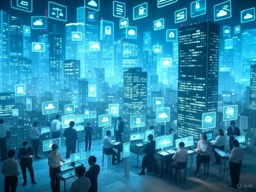 People working on computers in a futuristic cityscape with digital cloud and security icons overhead.