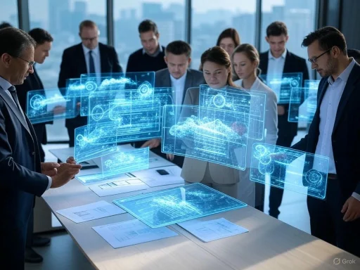 Business professionals analyze holographic digital data and visuals in a modern conference room. Business professionals analyze holographic digital data and visuals in a modern conference room.