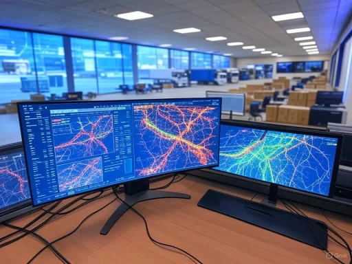 Multiple monitors display neural network or brain structure animations in a spacious, modern control room.