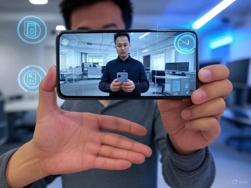 A person in a dark shirt takes a selfie with a smartphone in a modern, high-tech office environment. A person in a dark shirt takes a selfie with a smartphone in a modern, high-tech office environment.