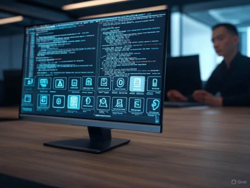A computer screen displays coded data and security icons, with a blurred person working in the background.