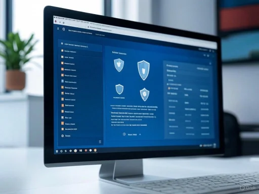 A computer monitor displays a security or antivirus software interface on a desk.