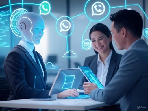 A humanoid robot in a business suit interacts with two professionals, symbolizing AI-powered communication and technology.
