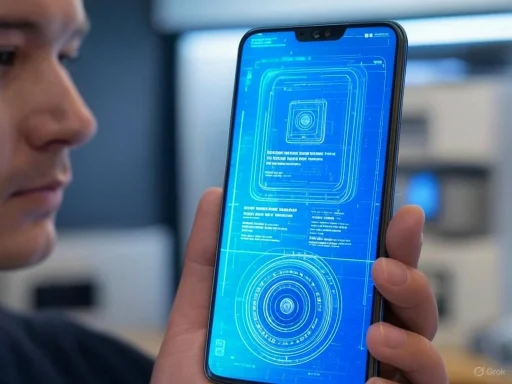 A person examining a futuristic blue digital interface on a smartphone screen.