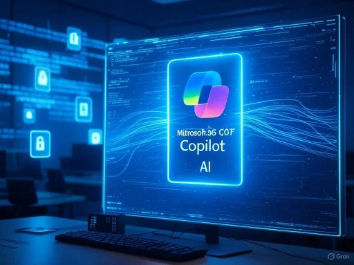 The image shows a digital display featuring 'Microsoft 365 COF Copilot AI' in a high-tech, futuristic environment.
