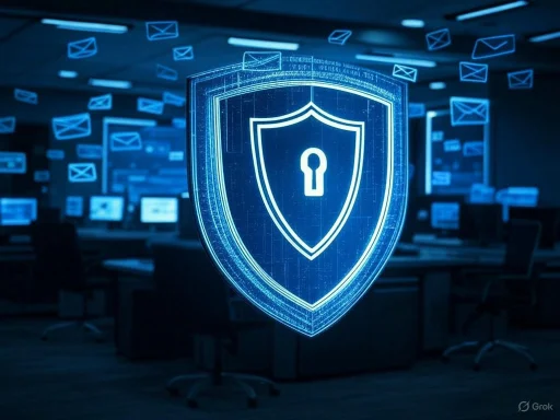 Digital shield with a lock symbol representing cybersecurity in a computer lab environment.