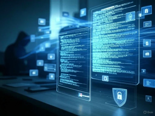 A person interacting with holographic digital security and data screens in a secure high-tech environment.