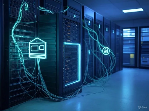 Futuristic server room with glowing digital icons and interconnected cables in a high-tech data center.