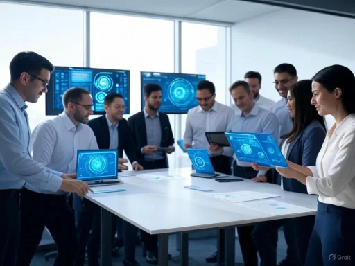Business team working on futuristic technology with digital interfaces in a modern office setting.