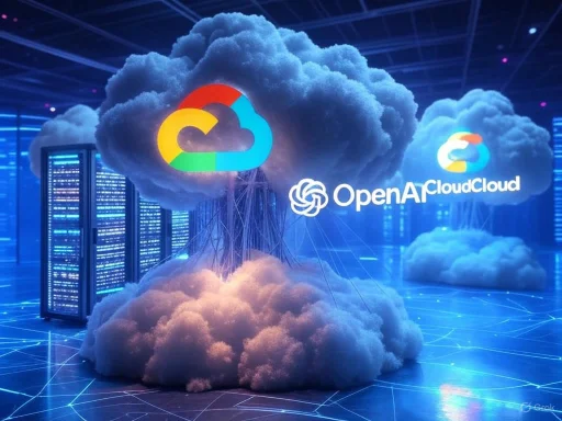 Cloud-shaped graphics display Google Cloud and OpenAI logos in a digital, data-driven environment with servers and glowing lines.