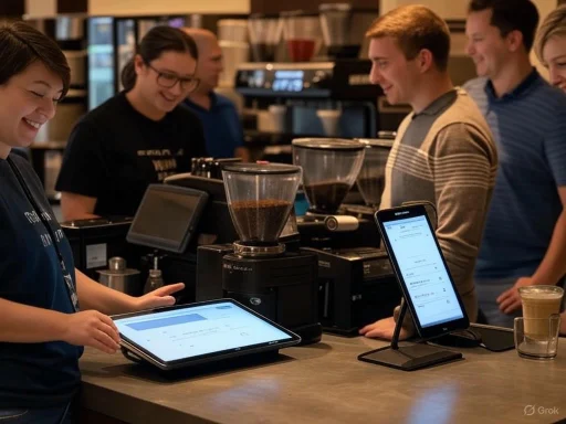Customers at a coffee shop order using digital devices while baristas prepare drinks behind the counter.