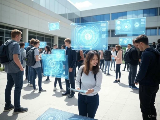 Students interact with holographic digital displays outside a modern building.