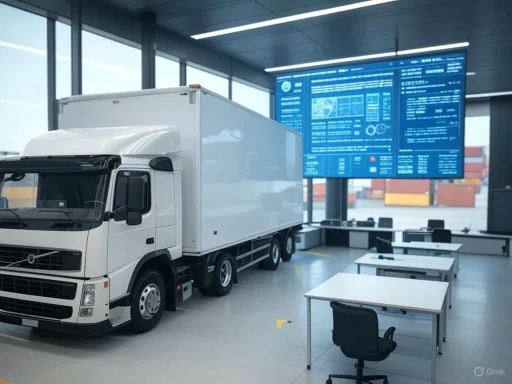 A delivery truck inside a modern control room with large digital screens displaying data and logistics information. A delivery truck inside a modern control room with large digital screens displaying data and logistics information.