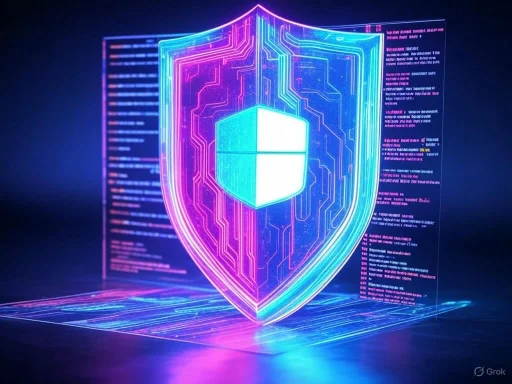 A glowing digital shield with a Windows logo at the center, surrounded by circuit-like lines and code, symbolizing cybersecurity.