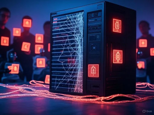 A shattered computer server with glowing security icons, surrounded by people holding digital lock symbols in a digital security demonstration.