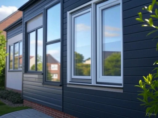Modern house exterior with black siding and large double-glazed windows reflecting the sky and greenery.