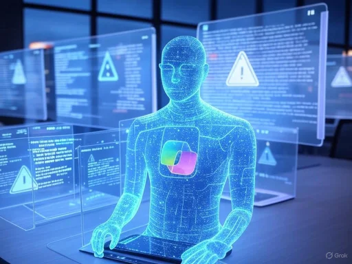 A holographic digital human figure interacts with multiple floating warning and info screens in a high-tech environment.