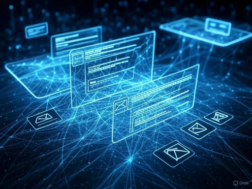 Digital data streams and holographic interfaces representing cybersecurity and online communication.