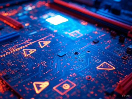 Close-up of a futuristic circuit board illuminated with blue and red neon lights. Close-up of a futuristic circuit board illuminated with blue and red neon lights.