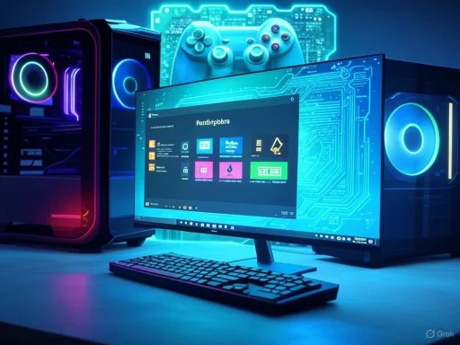 A gaming setup with a sleek monitor, keyboard, gaming PC, and illuminated accessories featuring neon and circuit-like designs. A gaming setup with a sleek monitor, keyboard, gaming PC, and illuminated accessories featuring neon and circuit-like designs.